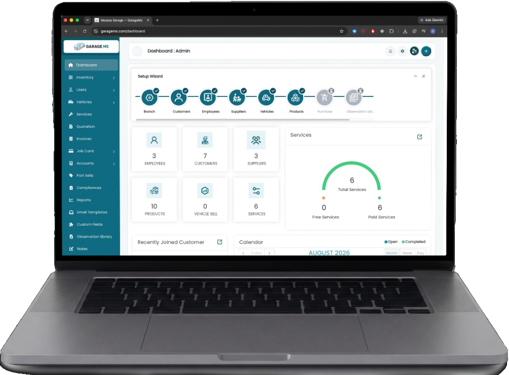 Laptop mockup showing the GarageMs admin dashboard